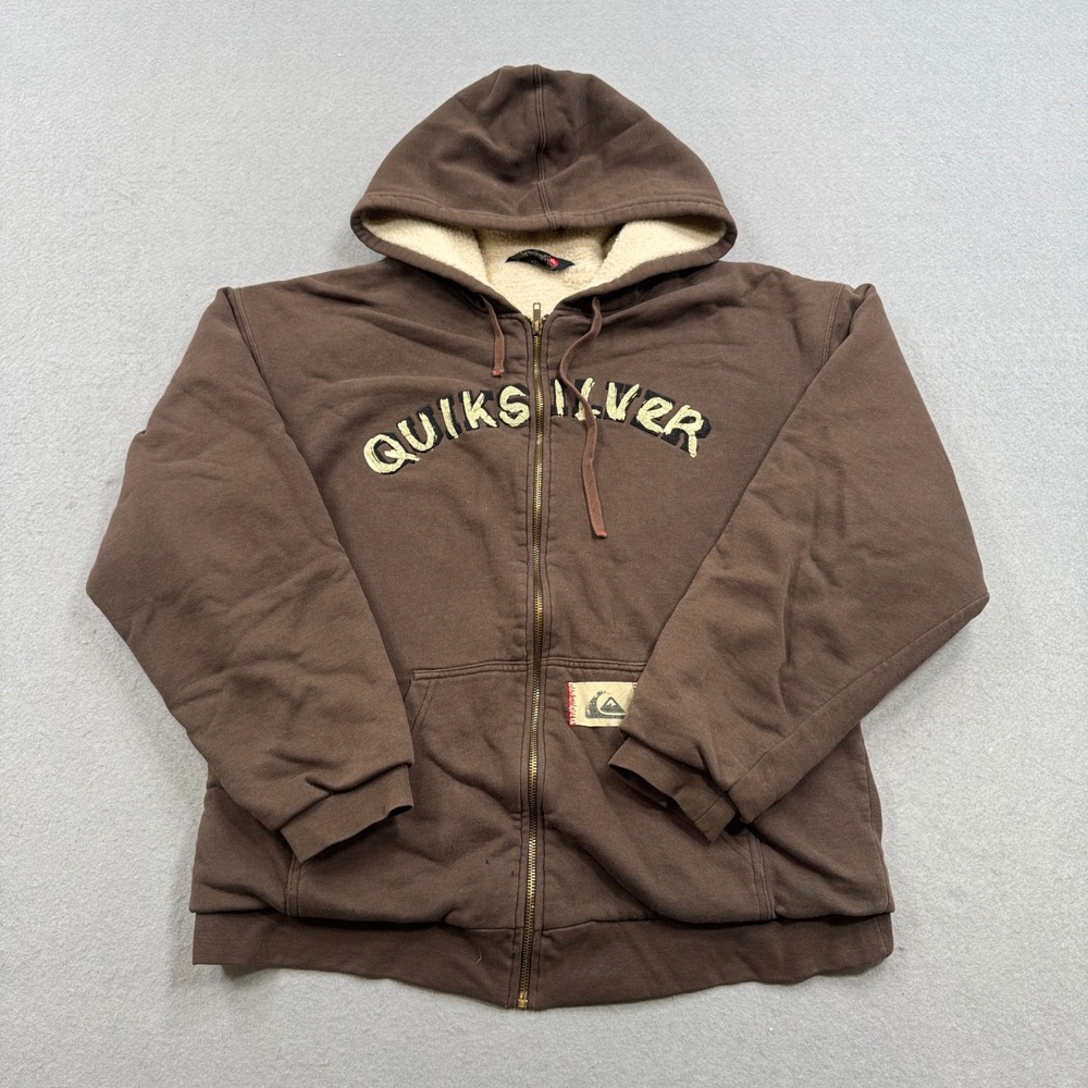 Y2K Quiksilver Hoodie Men's Small Brown Sherpa Lined Zip Up Heavyweight Skater
